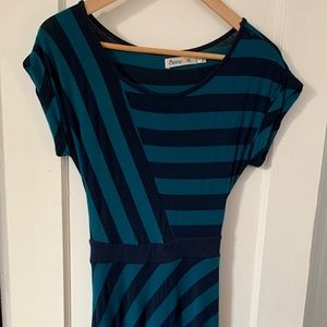 Blue and navy striped cotton tie back midi dress